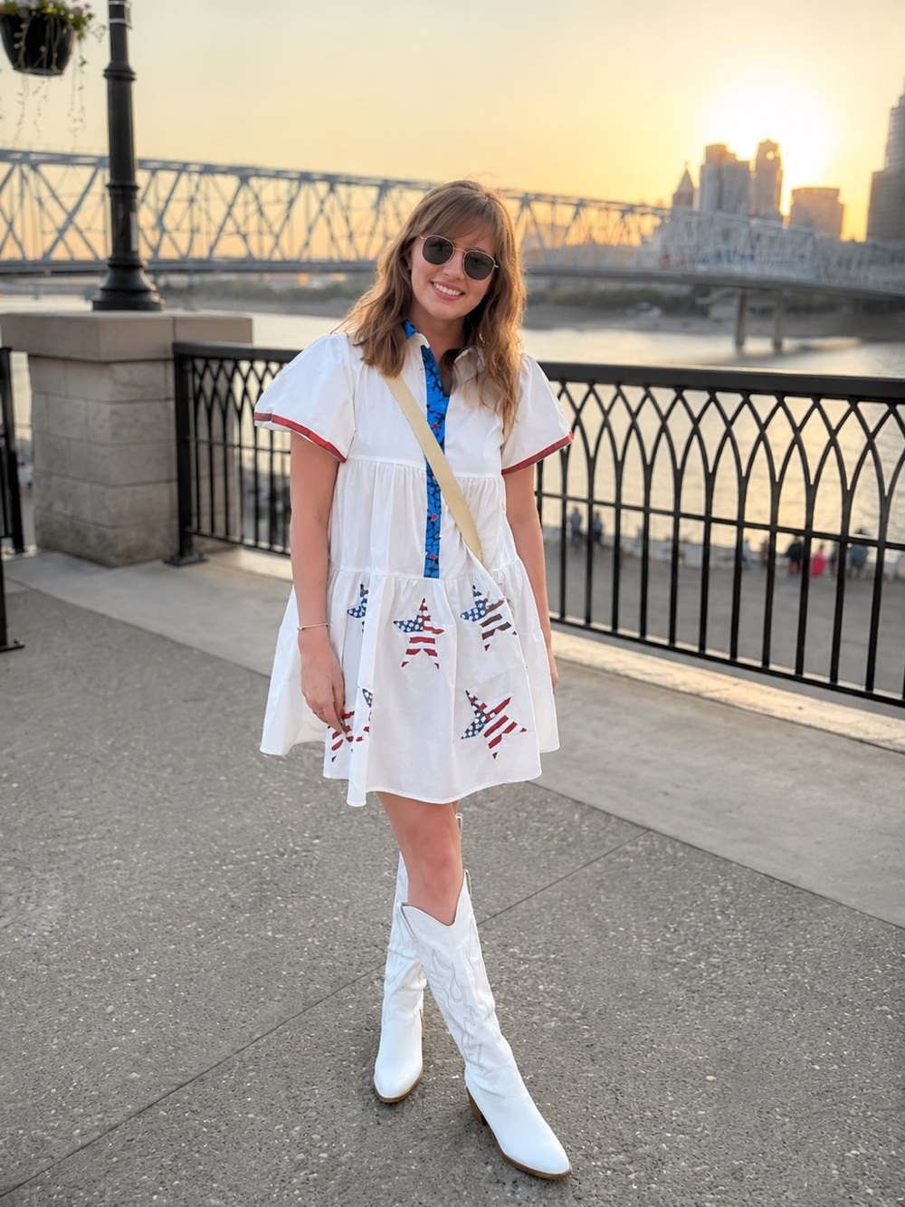 White Star-Print Short Sleeve Babydoll Dress - Sequin